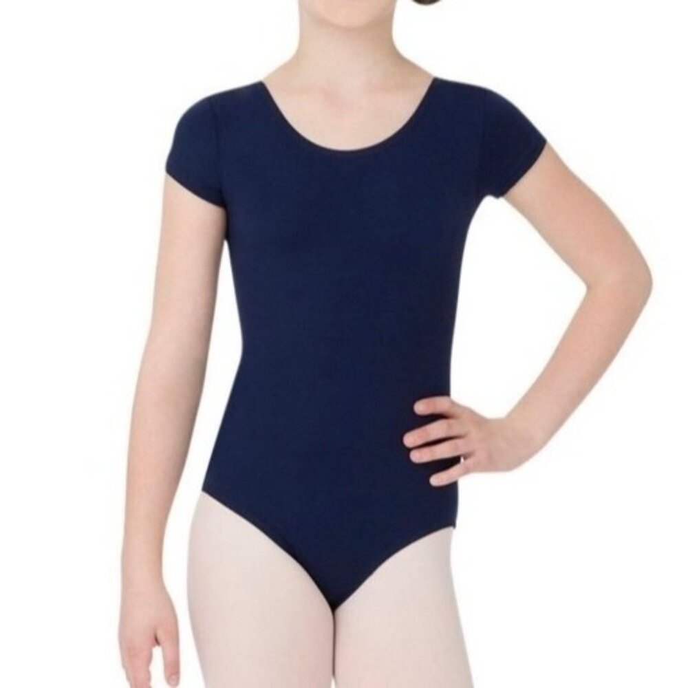 Danskin Childs Leotard Navy Blue Short Sleeve Scoop Neck Intermediate Dance